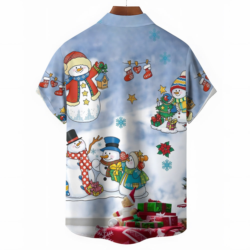 Christmas Cartoon Snowman Casual Short Sleeve Shirt 2409006161