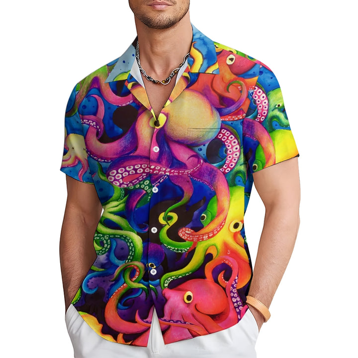 Colorful Octopus Print Casual Oversized Short-Sleeved Shirt 2407001283