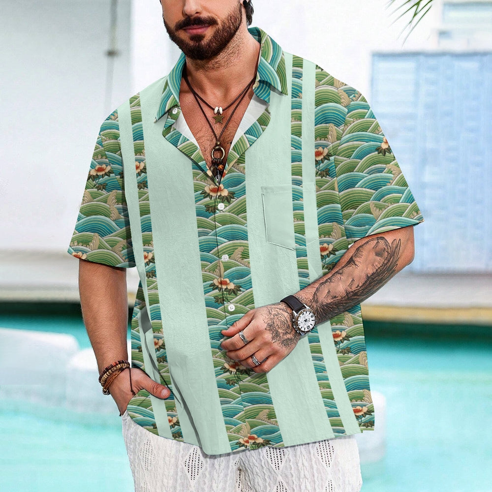 Men's Artistic Wave Stripe Print Short Sleeve Shirt 2411006536