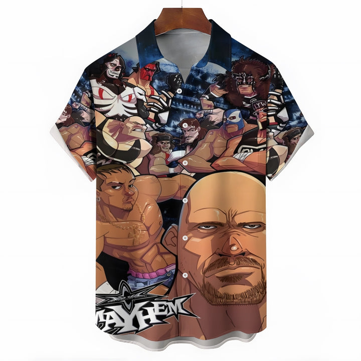 Men's Cartoon Wrestler Print Casual Short Sleeve Shirt 2409004553