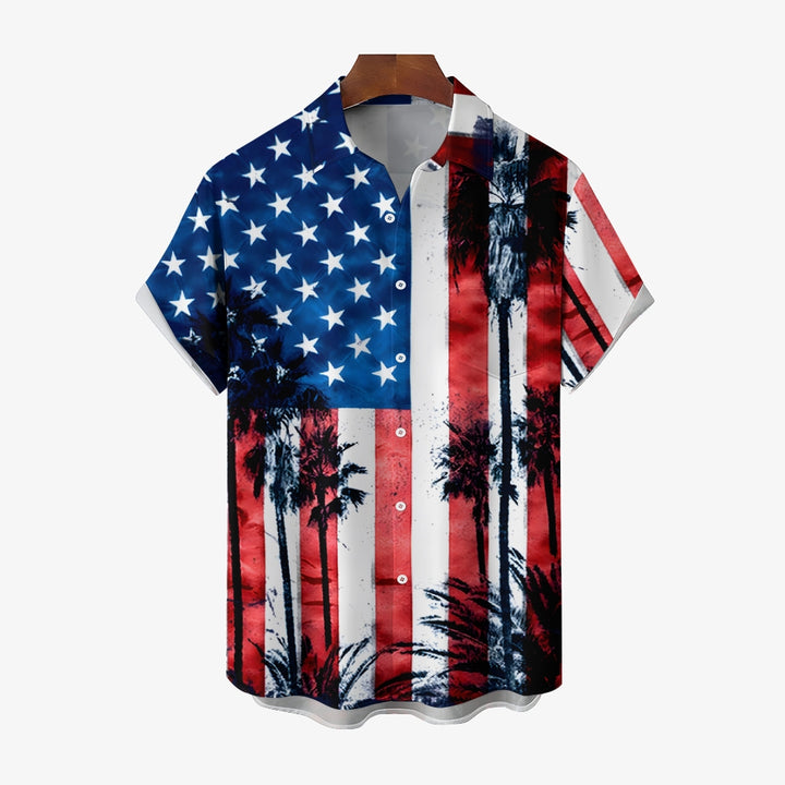 American Flag Palm Trees Casual Short Sleeve Shirt 2411003451