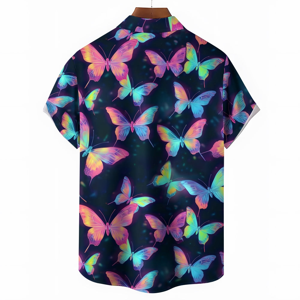 Glowing Colorful Butterfly Print Casual Short Sleeve Shirt 2408006970