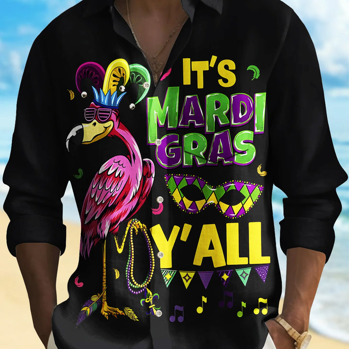 Mardi Gras Flamingo Print Men's Button Pocket Long Sleeve Shirt