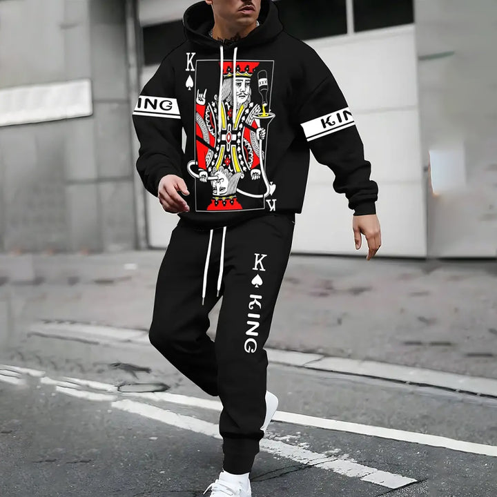 Men's Poker K Of Spades Pattern Print Hoodie & Sweatpants Set 2410007827