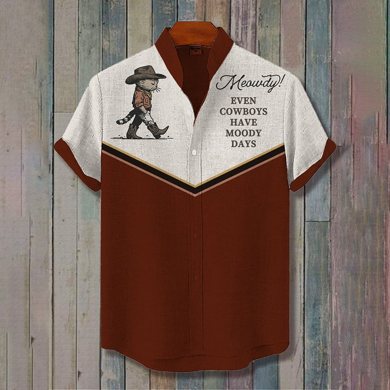 Men's Western Cowboy Cat Contrast Color Art Print Shirt