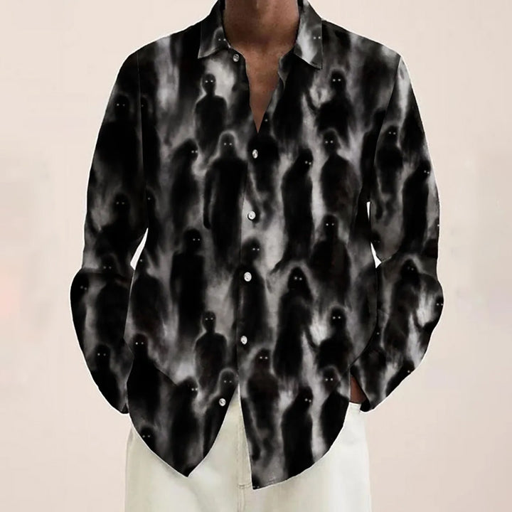 Men's Casual Shirt Darkness Ghost Print Button Down Long Sleeve Halloween Shirt 2409007447