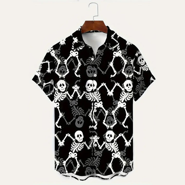 Men's Funny Skeletons Print Button Up Short Sleeve Shirt