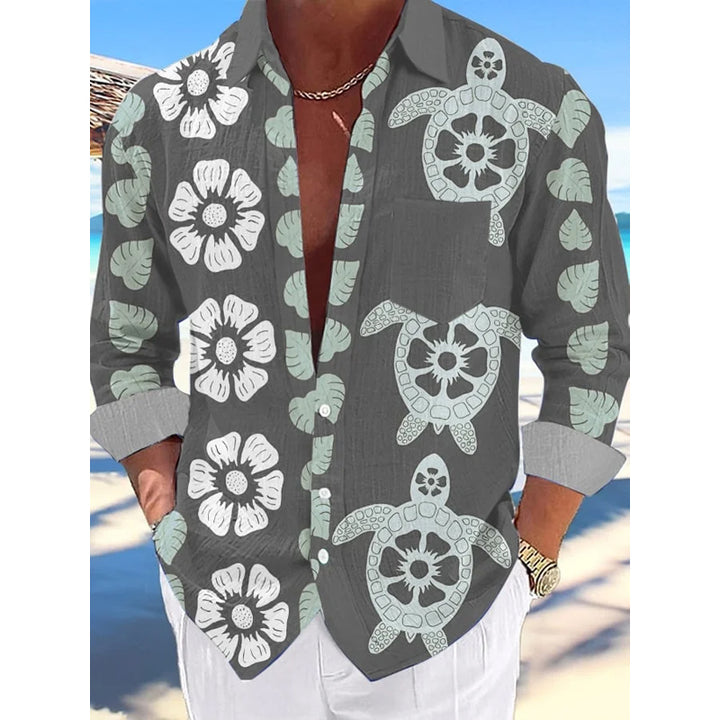 Men's turtle flower print long-sleeved shirt