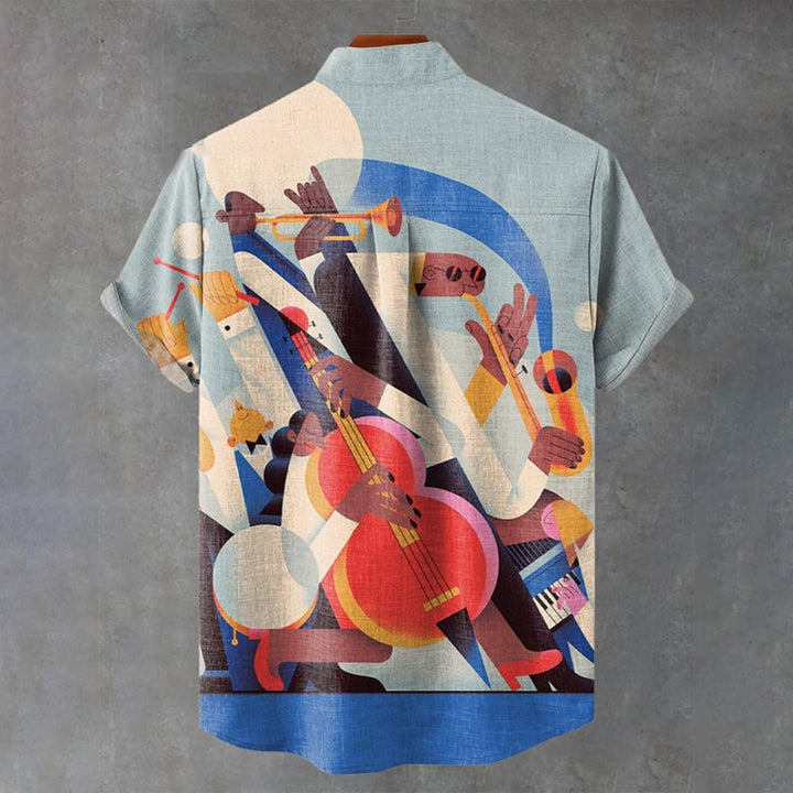 Vintage Illustration Art Musicians Playing Jazz Print Casual Shirt