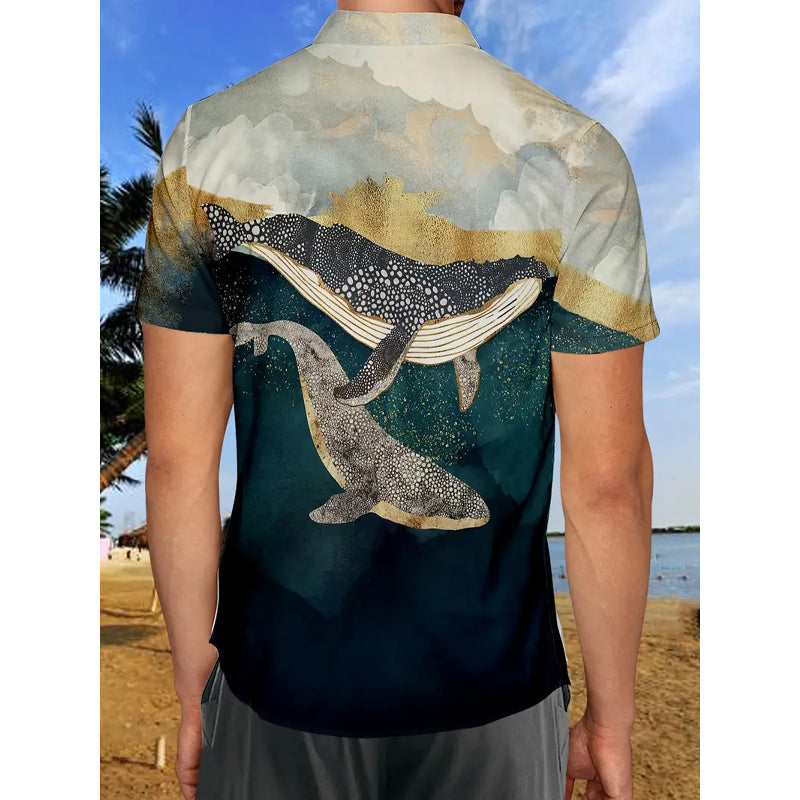 Men's Whales Pattern 3D Printed Short Sleeve Lapel Shirt