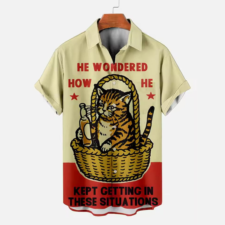 Men's Funny Cat Animal Printed Short Sleeve Shirt