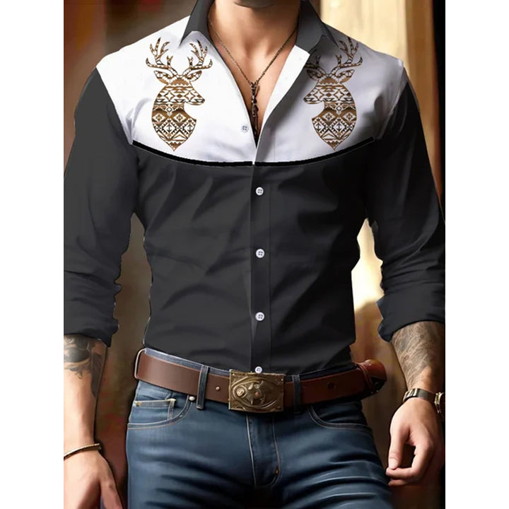 Men's Elk Retro Western Contrast Print Long Sleeve Shirt