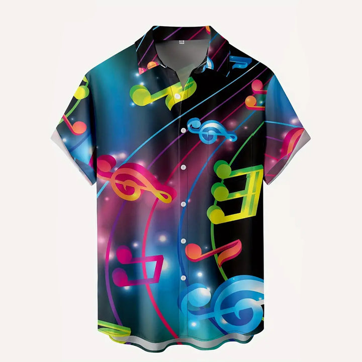 Men's colorful musical note print short-sleeved shirt