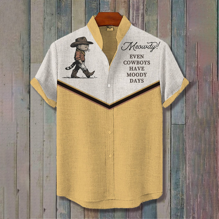 Men's Western Cowboy Cat Contrast Color Art Print Shirt