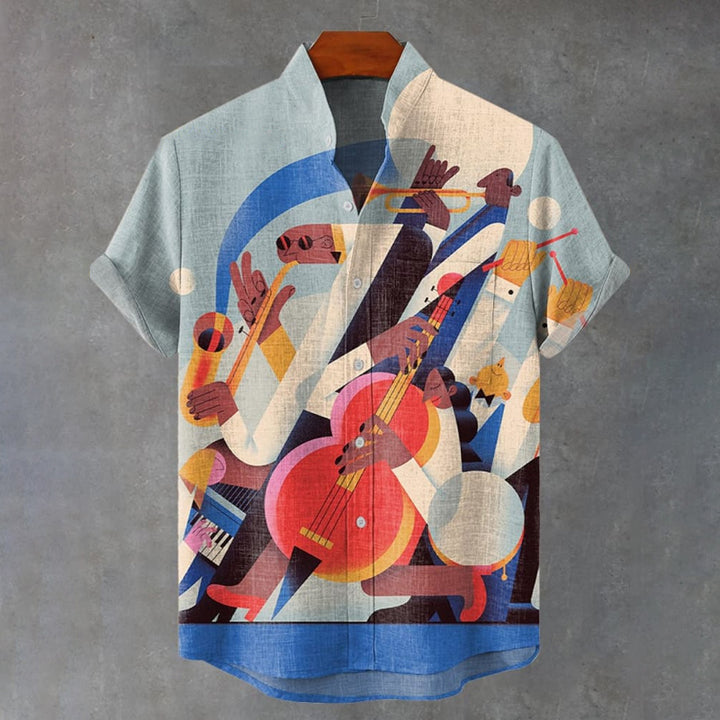 Vintage Illustration Art Musicians Playing Jazz Print Casual Shirt