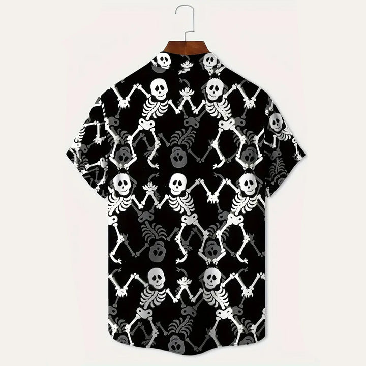 Men's Funny Skeletons Print Button Up Short Sleeve Shirt