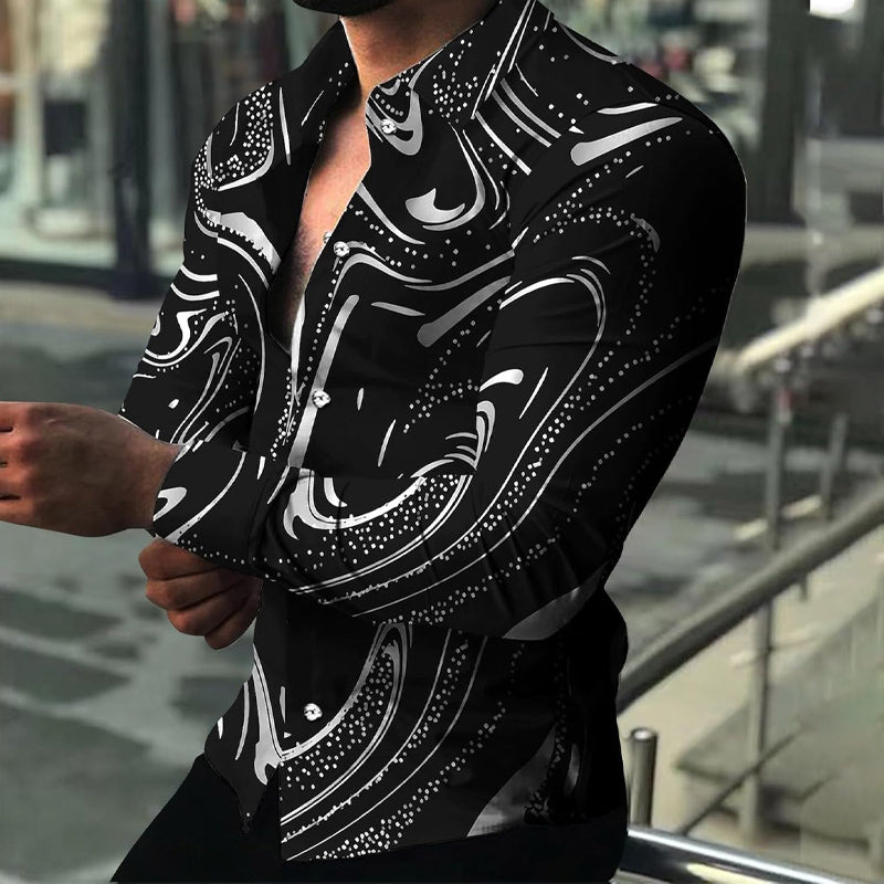 Mens Versatile Print Design Long Sleeve Casual Shirt