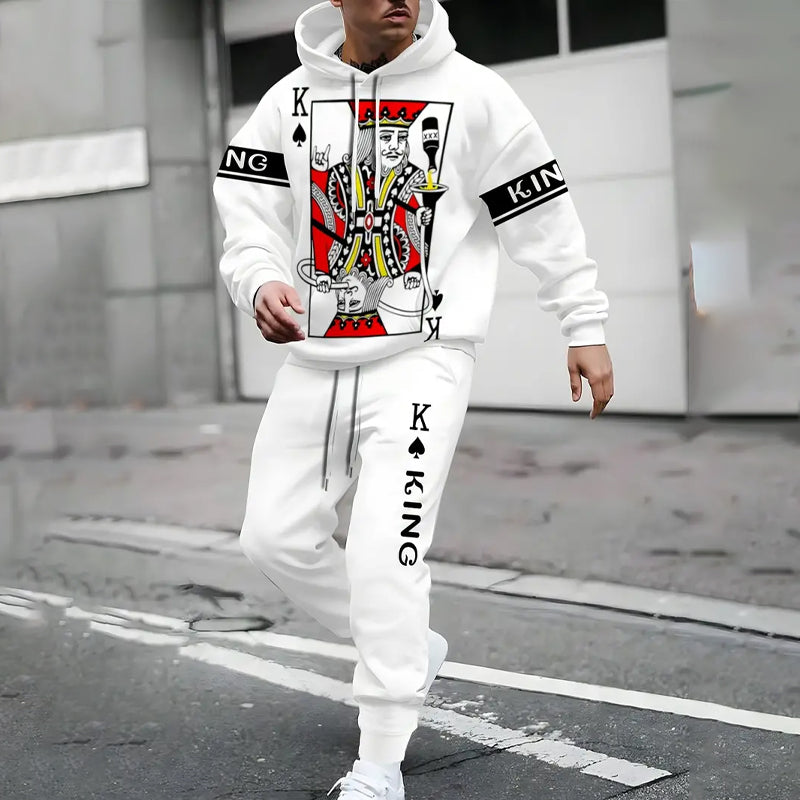 Men's Poker K Of Spades Pattern Print Hoodie & Sweatpants Set 2410007827