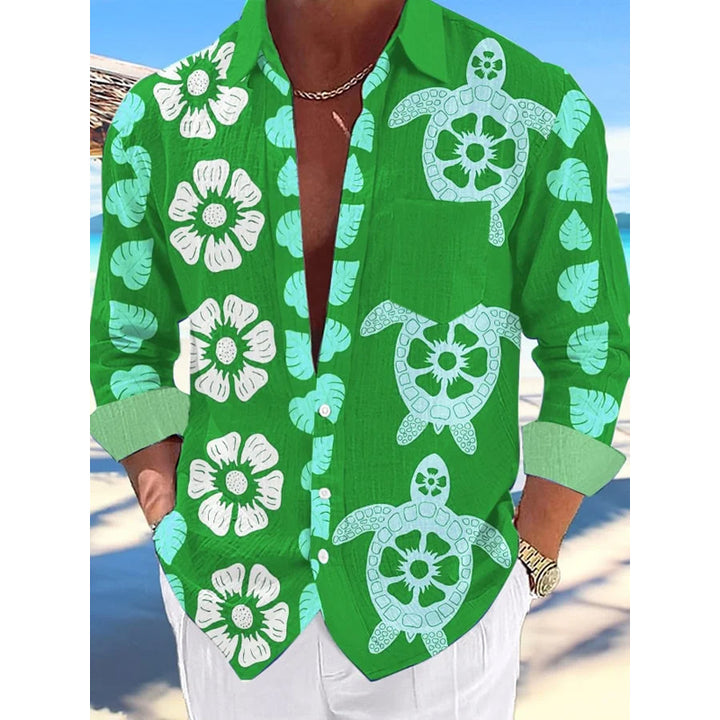 Men's turtle flower print long-sleeved shirt