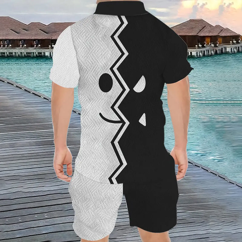 Men's Stripes Graphic Print Polo Shirt + Shorts Set