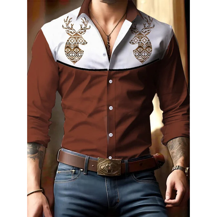 Men's Elk Retro Western Contrast Print Long Sleeve Shirt