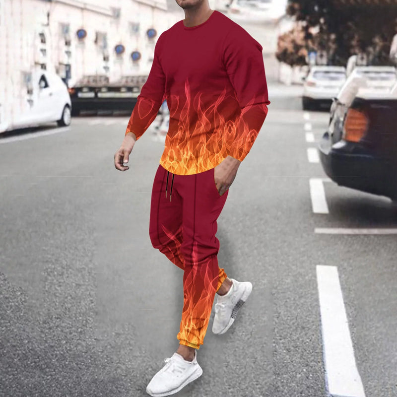 Men's 3D flame print long-sleeved T-shirt and trousers two-piece set