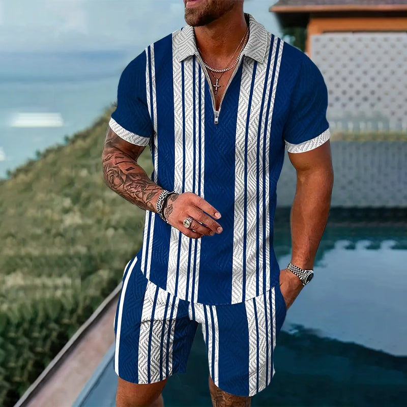 Men's Stripes Graphic Print Polo Shirt + Shorts Set