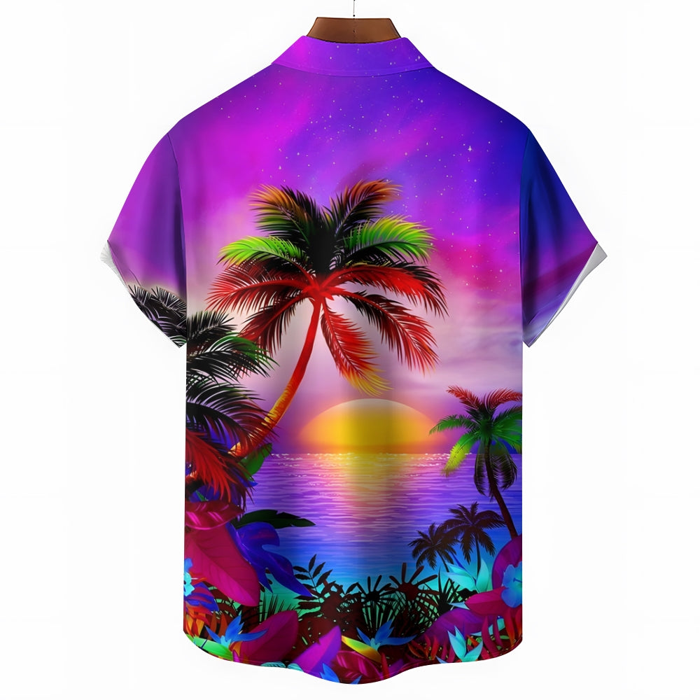 Men's Hawaiian Coconut Tree Sunset Print Short Sleeve Shirt 2412006496