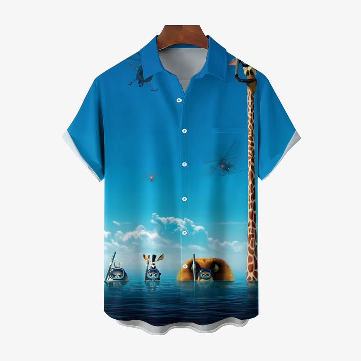 Cartoon Animal Diving Print Casual Short Sleeve Shirt 2410002367