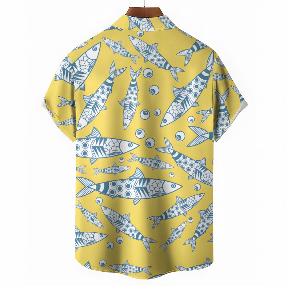 Fish Line Print Casual Short Sleeve Shirt 2410001963