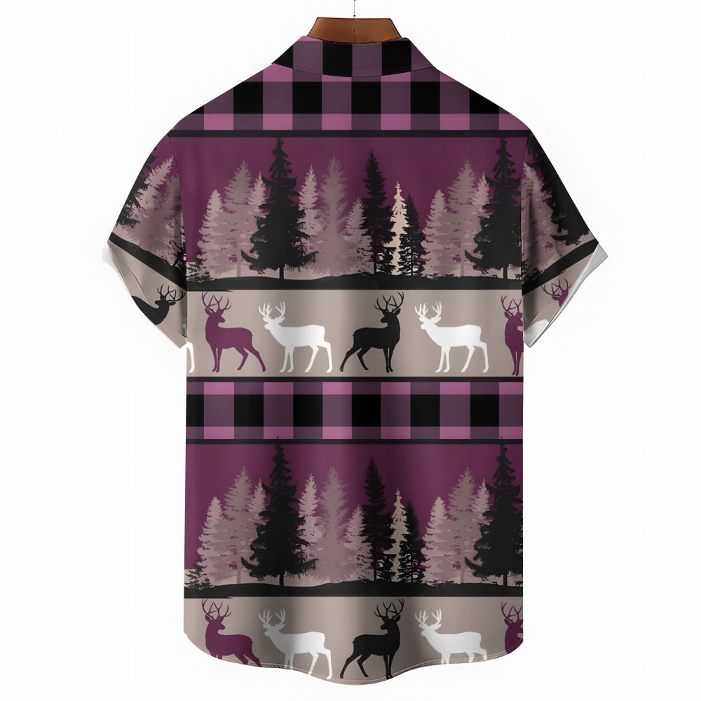 Elk And Pine Trees Casual Short Sleeve Shirt 2410007005