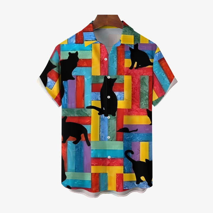 Colorful Geometric Cat Shadow Linen Short Sleeve Shirt 2409009727