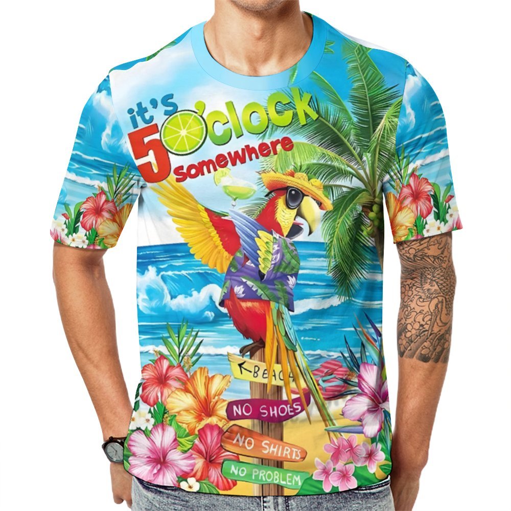 Men's Hawaii Parrot Vacation Crew Neck Casual T-Shirt 2403000473