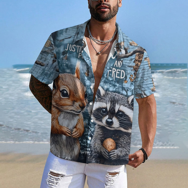 Squirrel and Peanut Print Chest Pocket Short Sleeve Shirt 2411002225