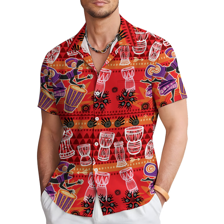 Men's Tribal Drum Art Casual Short Sleeve Shirt 2403000920