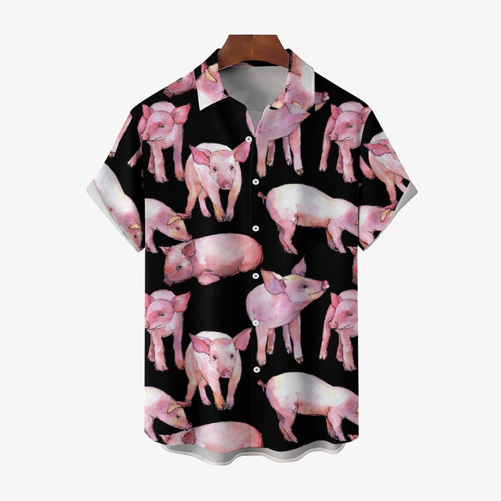 Watercolor Piglet Print Casual Oversized Short Sleeve Shirt 2407005423