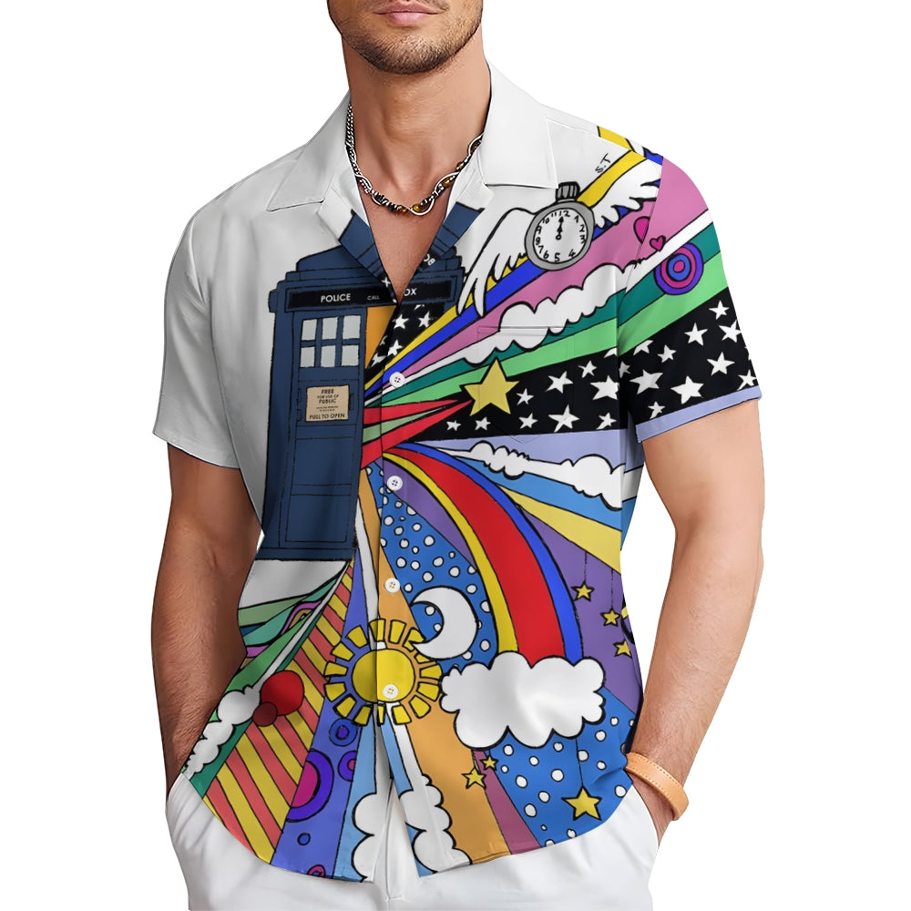 Police Box Rainbow Print Casual Short Sleeve Shirt 2410006767