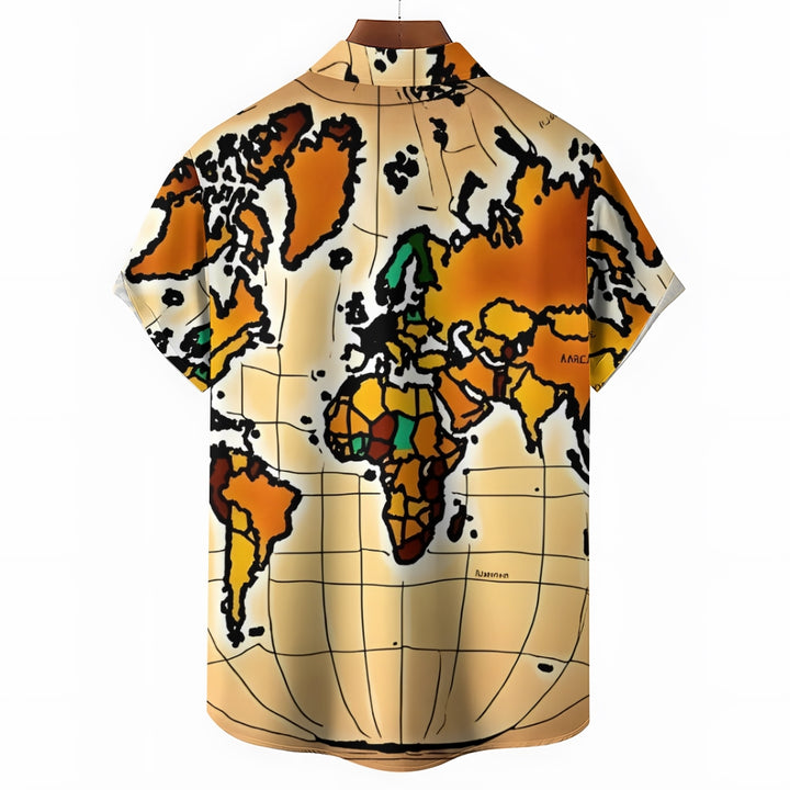 World Map Art Print Casual Short Sleeve Shirt 2409004531