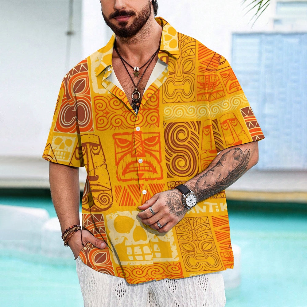 Men's Yellow TIKI Art Print Short Sleeve Shirt 2412006510