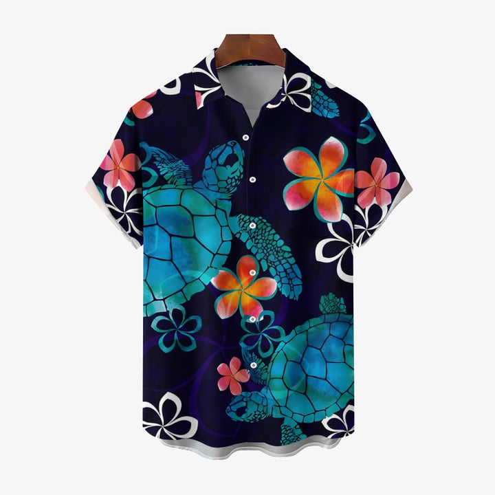 Hawaiian Flower And Turtle Art Print Casual Short Sleeve Shirt 2410001351