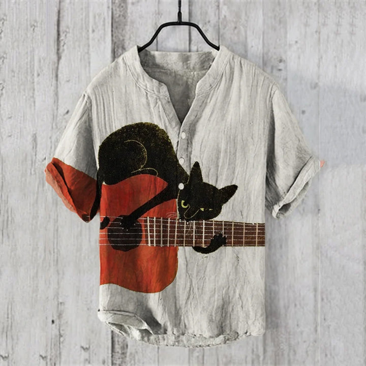 Black Cat Guitarist Art Linen Blend Shirt 2407003312