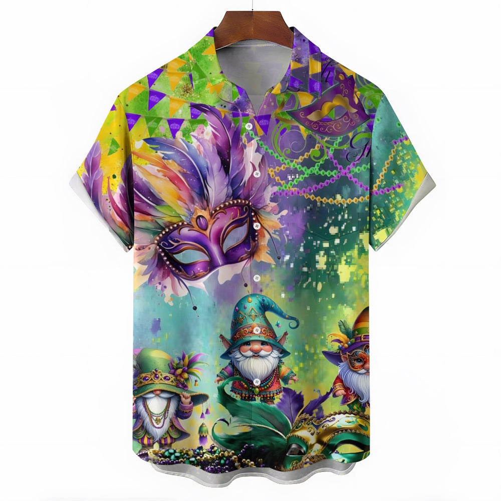 Mardi Gras Mask Dwarf Print Casual Short Sleeve Shirt 2412004173