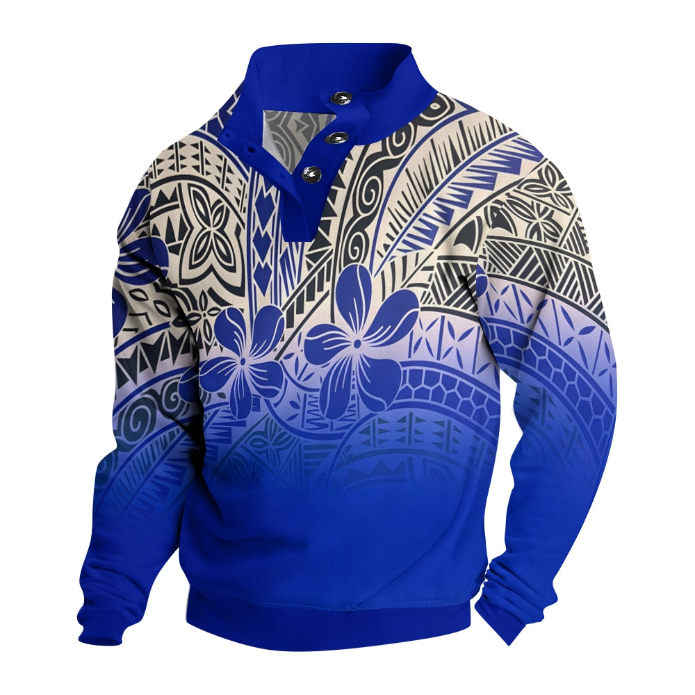 Men's Button Geometric Flower Gradient Print Casual Long Sleeve Sweatshirt 2410004473