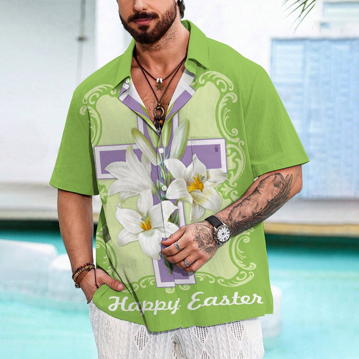 Happy Easter Cross Print Casual Short Sleeve Shirt 2412010174