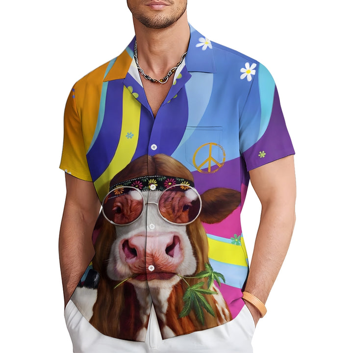 Fun Peaceful Cool Cow Print Casual Short Sleeve Shirt 2412009537