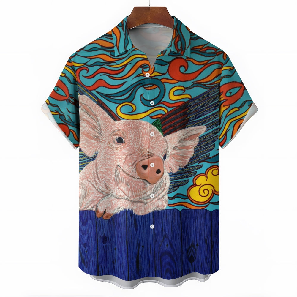 Flying Pig Cartoon Print Casual Large Size Short Sleeve Shirt 2407005325