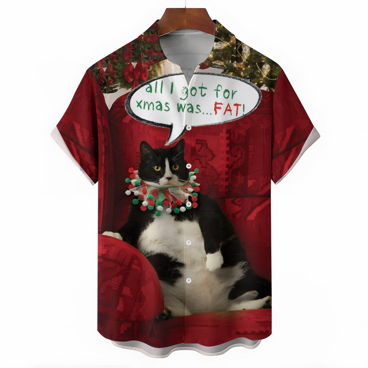 Christmas Fat Cat Fun Print Short Sleeve Shirt 2410003712