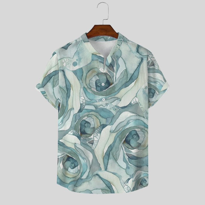 Watercolor Rose Art Print Cotton And Linen Half Lapel Short-Sleeved Shirt 2405001043