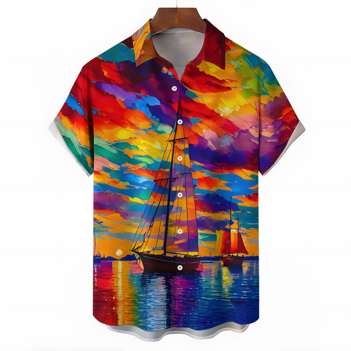 Colorful Sailboat Oil Painting Art Print Short Sleeve Shirt 2408007006