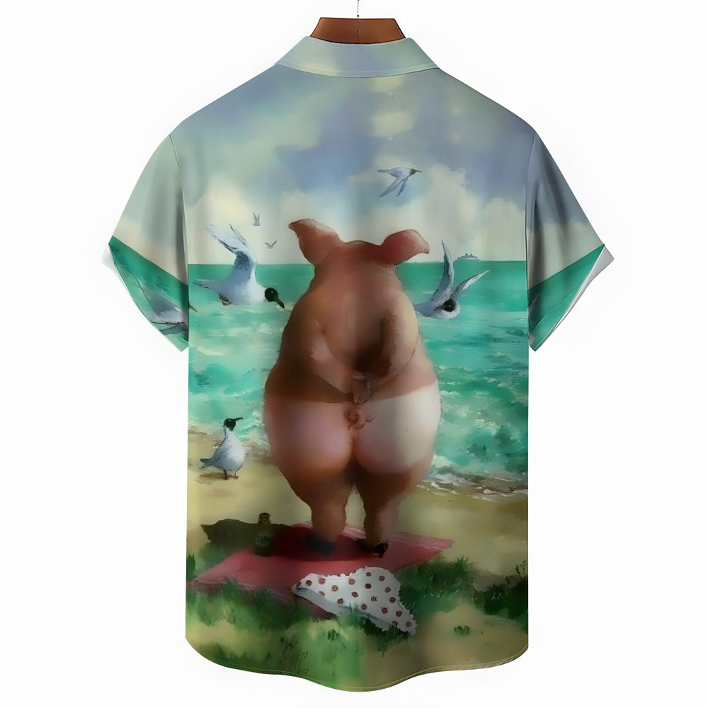 Funny Pig on the Beach Print Short Sleeve Shirt 2410003818